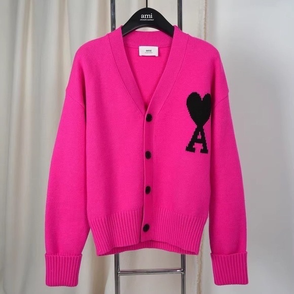 Ami Paris Fuchsia Cardigan With Black Heart Detail